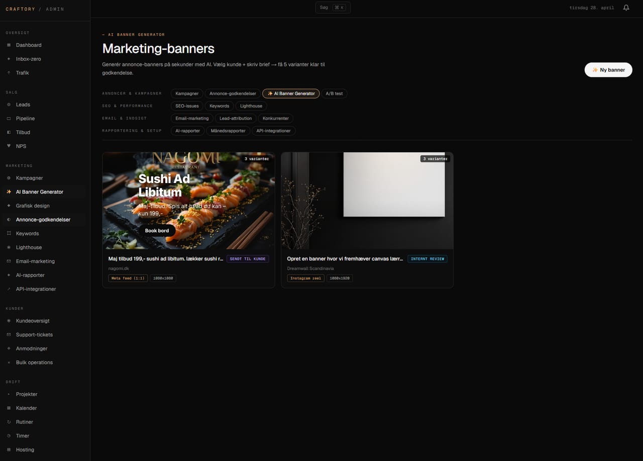 Craftorys eget admin-system — kunde-portal, tilbud, godkendelser, timeregistrering og support, bygget på samme Next.js + Supabase-stack vi tilbyder kunder.